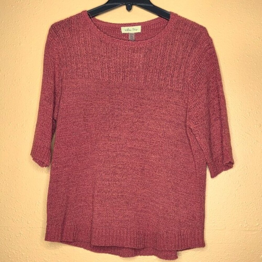 Melissa Paige Elbow-Sleeve Ribbed-Edge Tape-Yarn Sweater - Baroque Rose